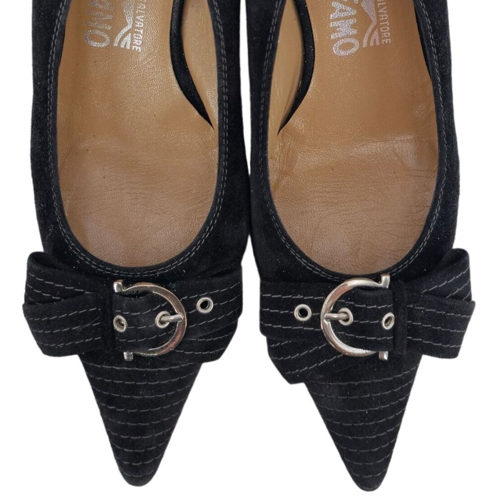 Vintage Salvatore Ferragamo Black Striped Suede Formal Slingback Kitten Heel 8AA - Picture 2 of 16